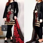Embroidered Black Linen Dress with Wool Shawl Dupatta