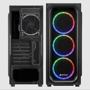 Sharkoon TK5M RGB ATX PC Case comes with four pre‑installed 120 mm RGB LED fans, 2 × USB 3.0 ports, 1 USB Type‑C 3.2 Gen 2 port, and a 4‑port RGB controller.