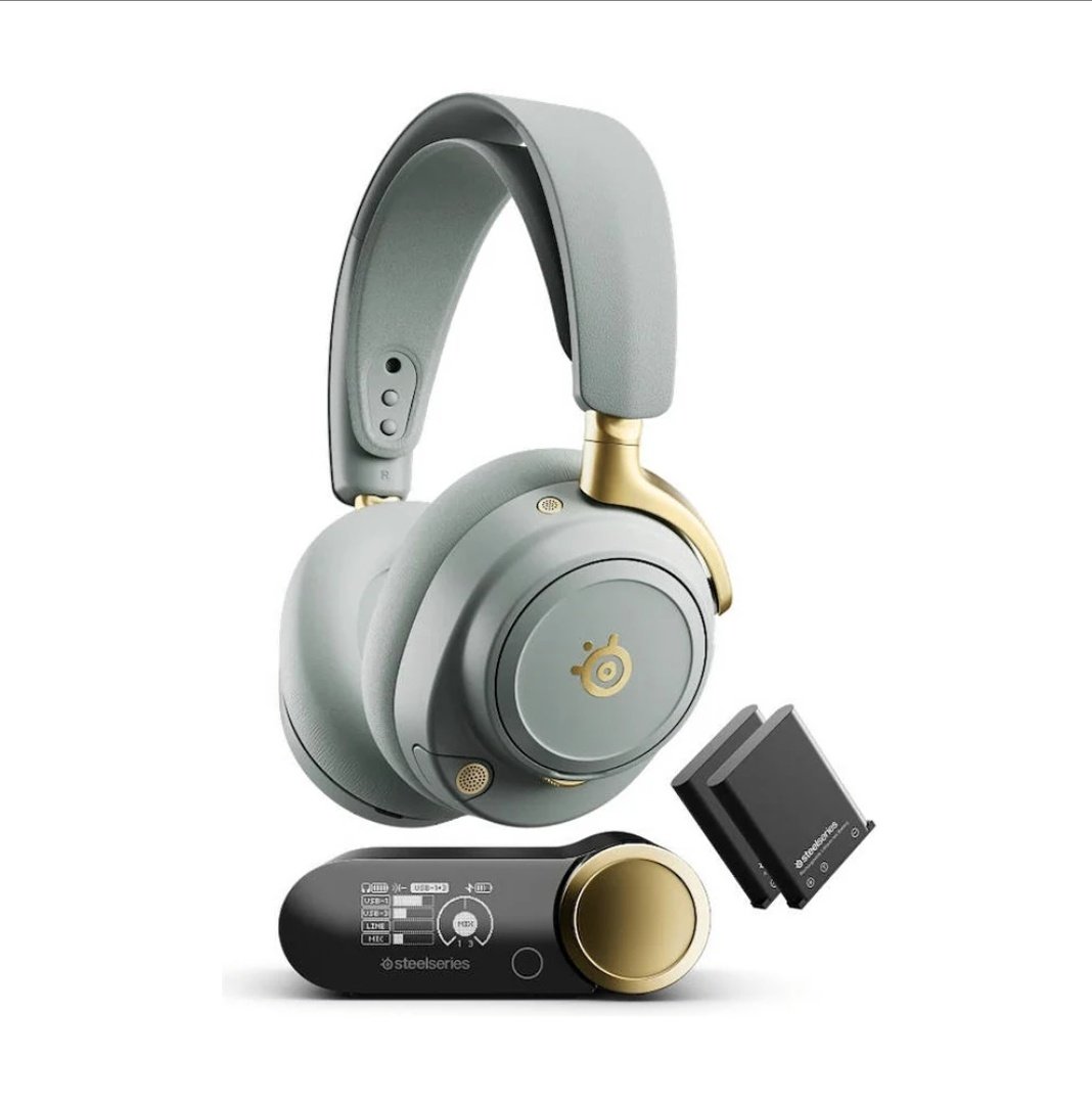 SteelSeries Arctis Nova Elite Wireless Headphones Sage & Gold, 40 mm Carbon Fiber Drivers, ClearCast Gen 2.X, 96kHz/24bit Hi-Res Audio, ANC, Infinite Power System.
