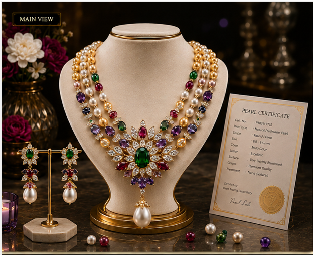 Gemlion Royal Pearl & Emerald Luxury Necklace Set – Triple Layer Collection