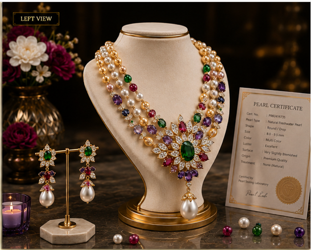 Gemlion Royal Pearl & Emerald Luxury Necklace Set – Triple Layer Collection - Image 2