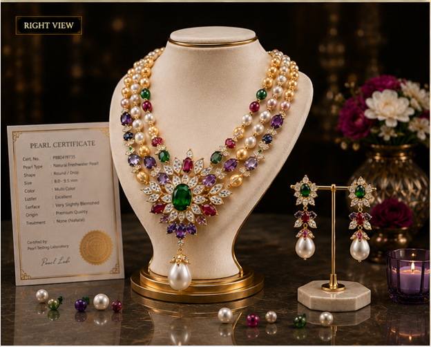 Gemlion Royal Pearl & Emerald Luxury Necklace Set – Triple Layer Collection - Image 4