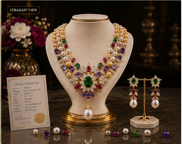 Gemlion Royal Pearl & Emerald Luxury Necklace Set – Triple Layer Collection - Image 3