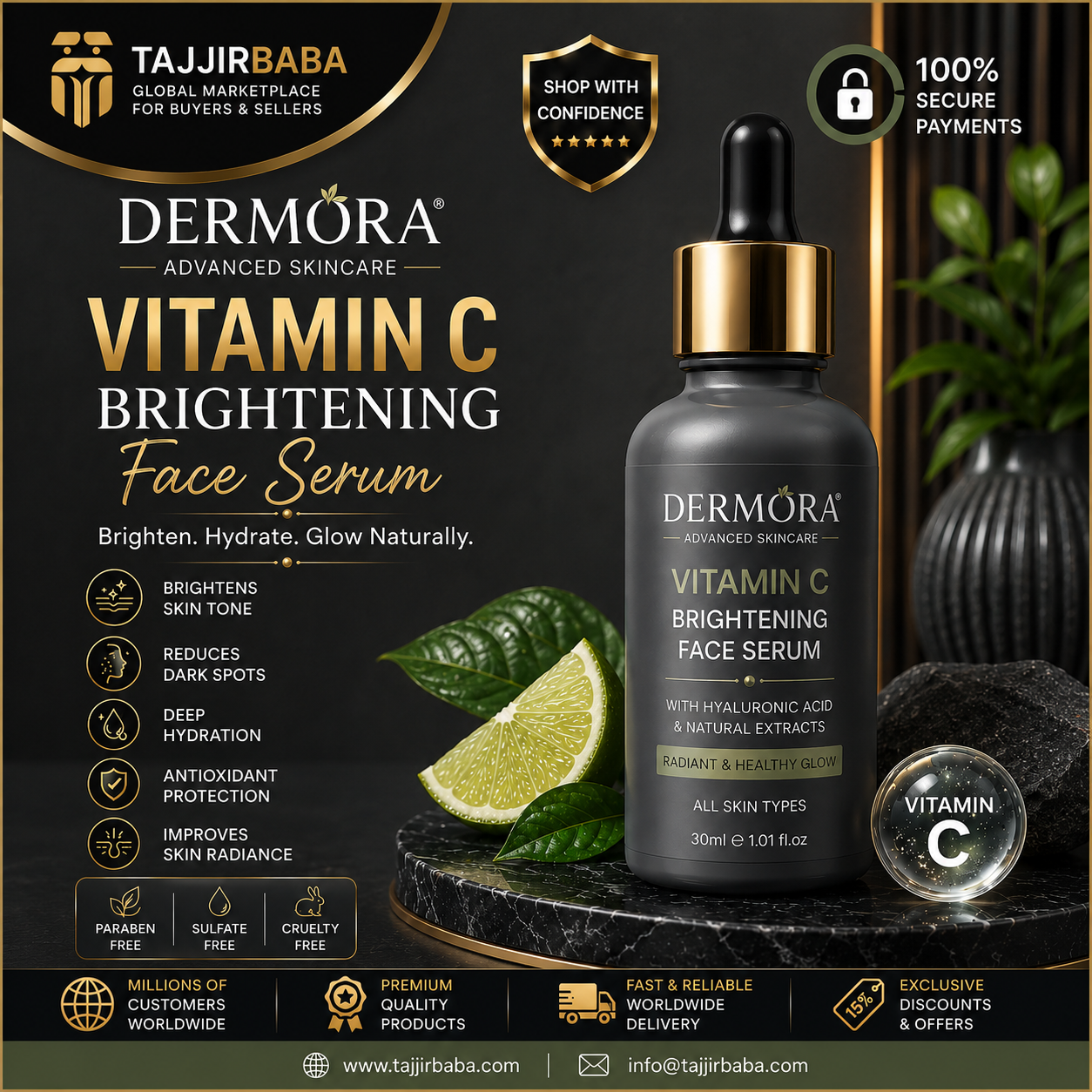 Dermora Vitamin C Brightening Face Serum with Hyaluronic Acid – Advanced Skincare