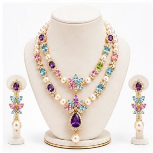 Gemlion Double Layer Pearl Necklace Set – Amethyst & Blue Topaz Luxury Collection