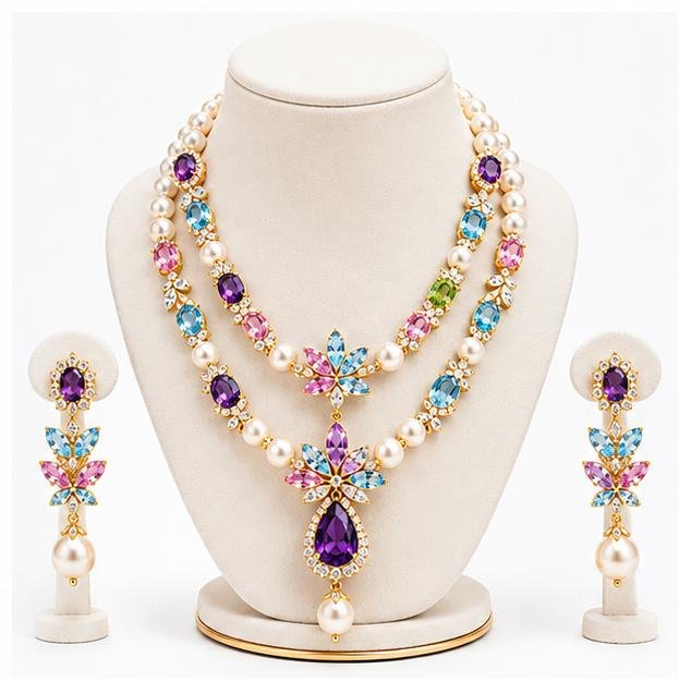 Gemlion Double Layer Pearl Necklace Set – Amethyst & Blue Topaz Luxury Collection