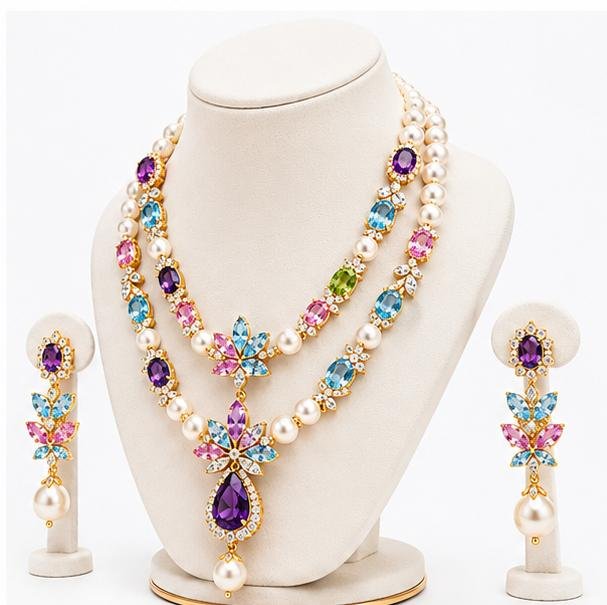 Gemlion Double Layer Pearl Necklace Set – Amethyst & Blue Topaz Luxury Collection - Image 3