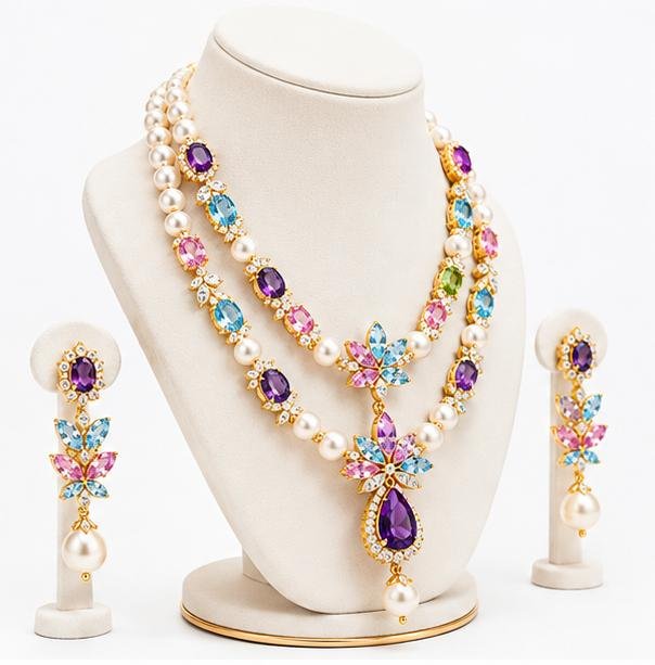Gemlion Double Layer Pearl Necklace Set – Amethyst & Blue Topaz Luxury Collection - Image 4