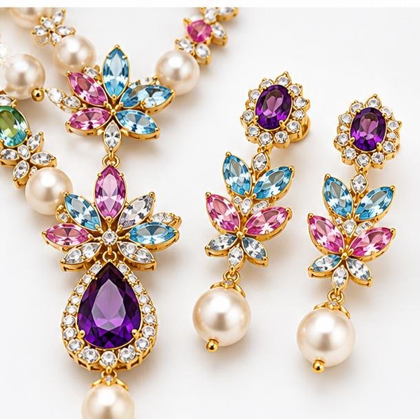Gemlion Double Layer Pearl Necklace Set – Amethyst & Blue Topaz Luxury Collection - Image 2