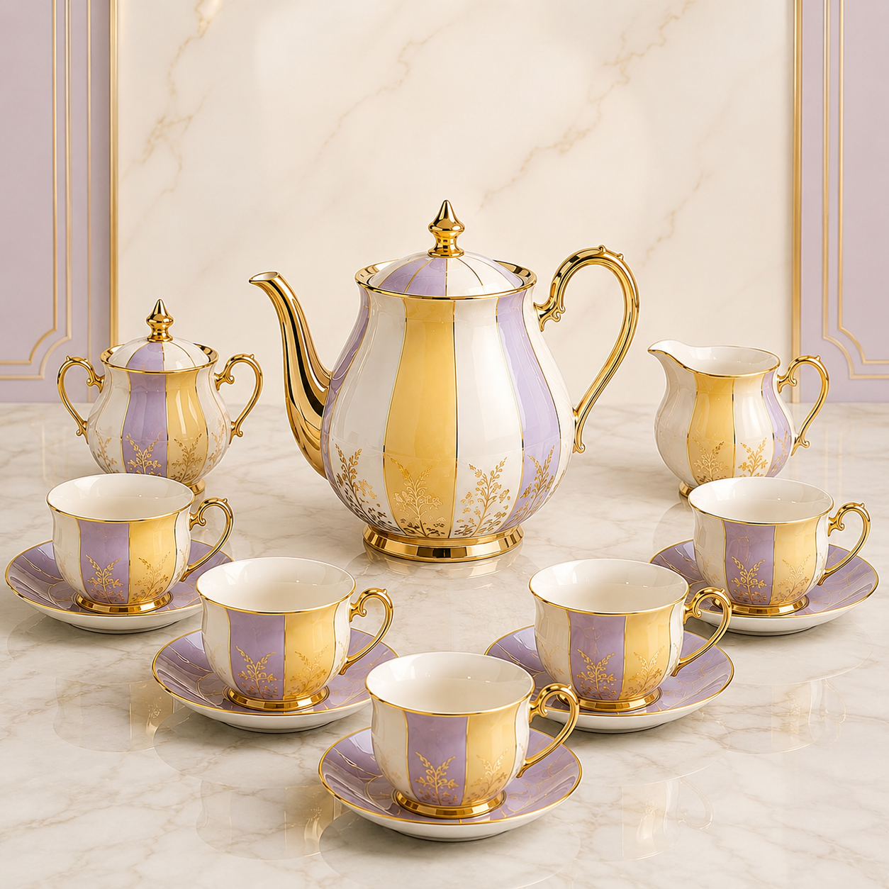 Luxora 15-Piece Premium Porcelain Tea Set – Ivory, Lavender & Gold - Image 4