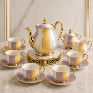 Luxora 15-Piece Premium Porcelain Tea Set – Ivory, Lavender & Gold