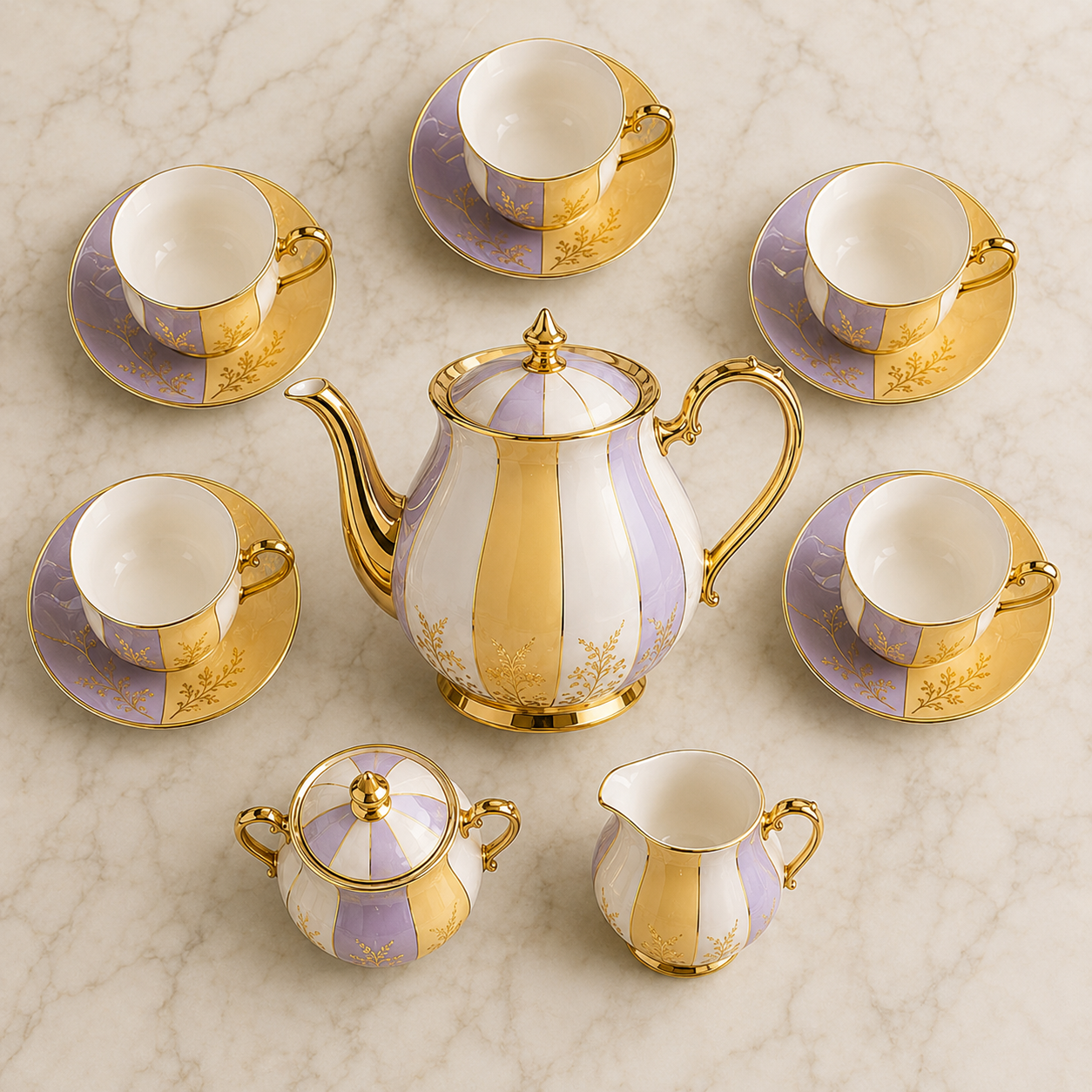 Luxora 15-Piece Premium Porcelain Tea Set – Ivory, Lavender & Gold - Image 3