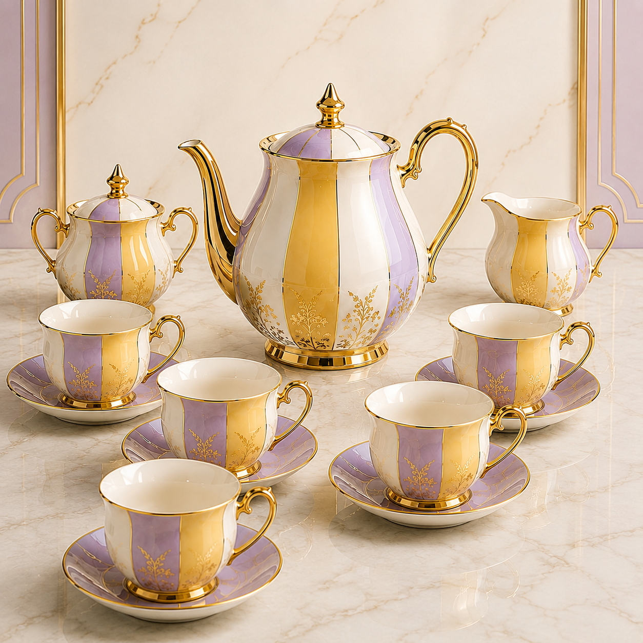 Luxora 15-Piece Premium Porcelain Tea Set – Ivory, Lavender & Gold - Image 2