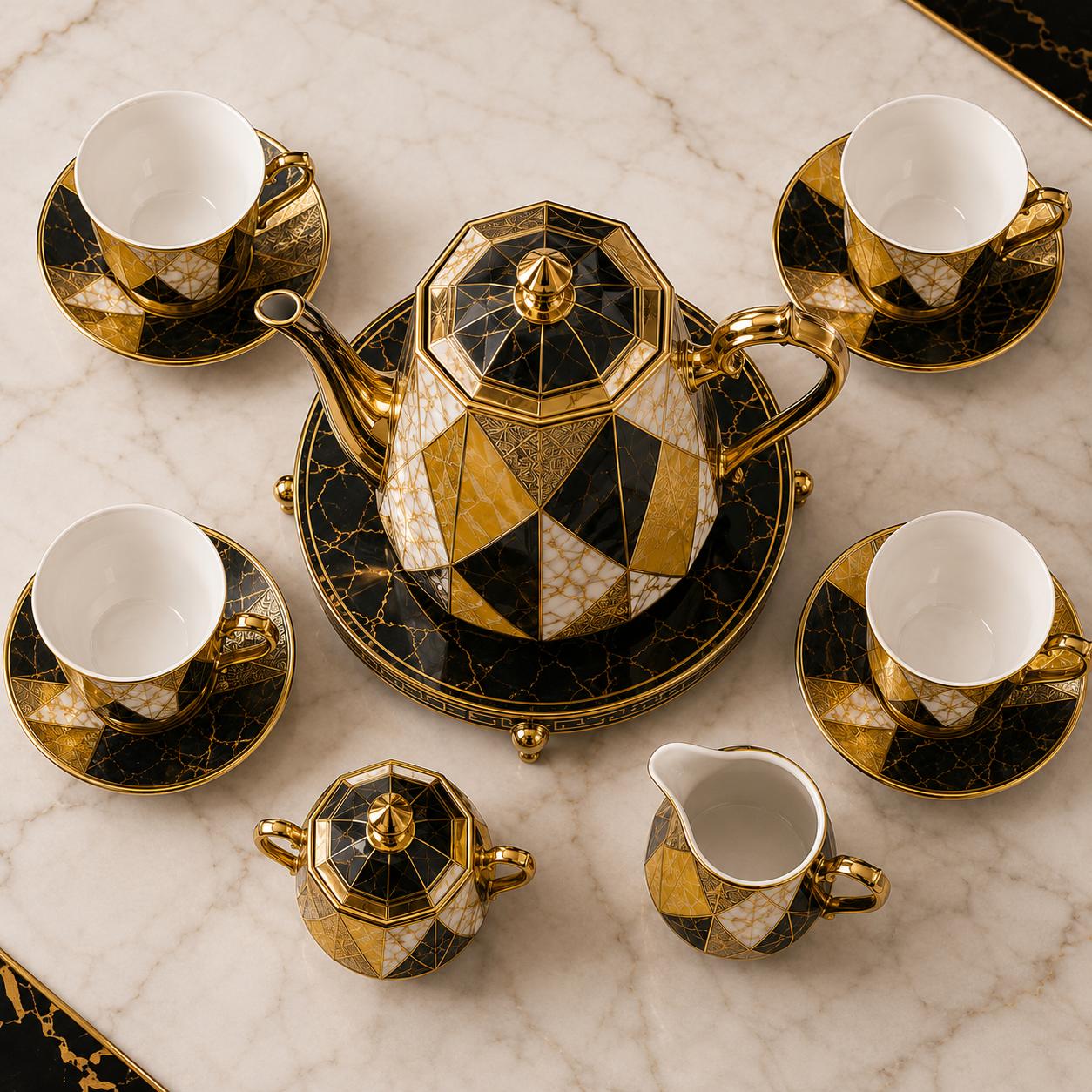 Luxora 11-Piece Premium Porcelain Tea Set – Black, Gold & White - Image 2