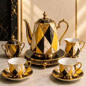 Luxora 11-Piece Premium Porcelain Tea Set – Black, Gold & White