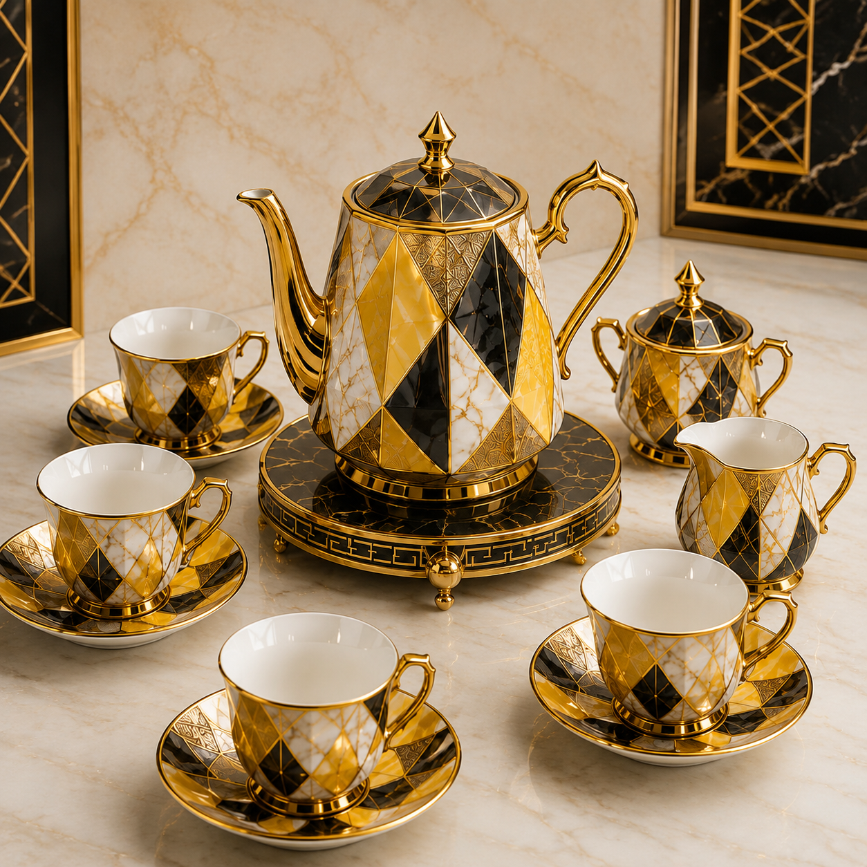 Luxora 11-Piece Premium Porcelain Tea Set – Black, Gold & White - Image 4