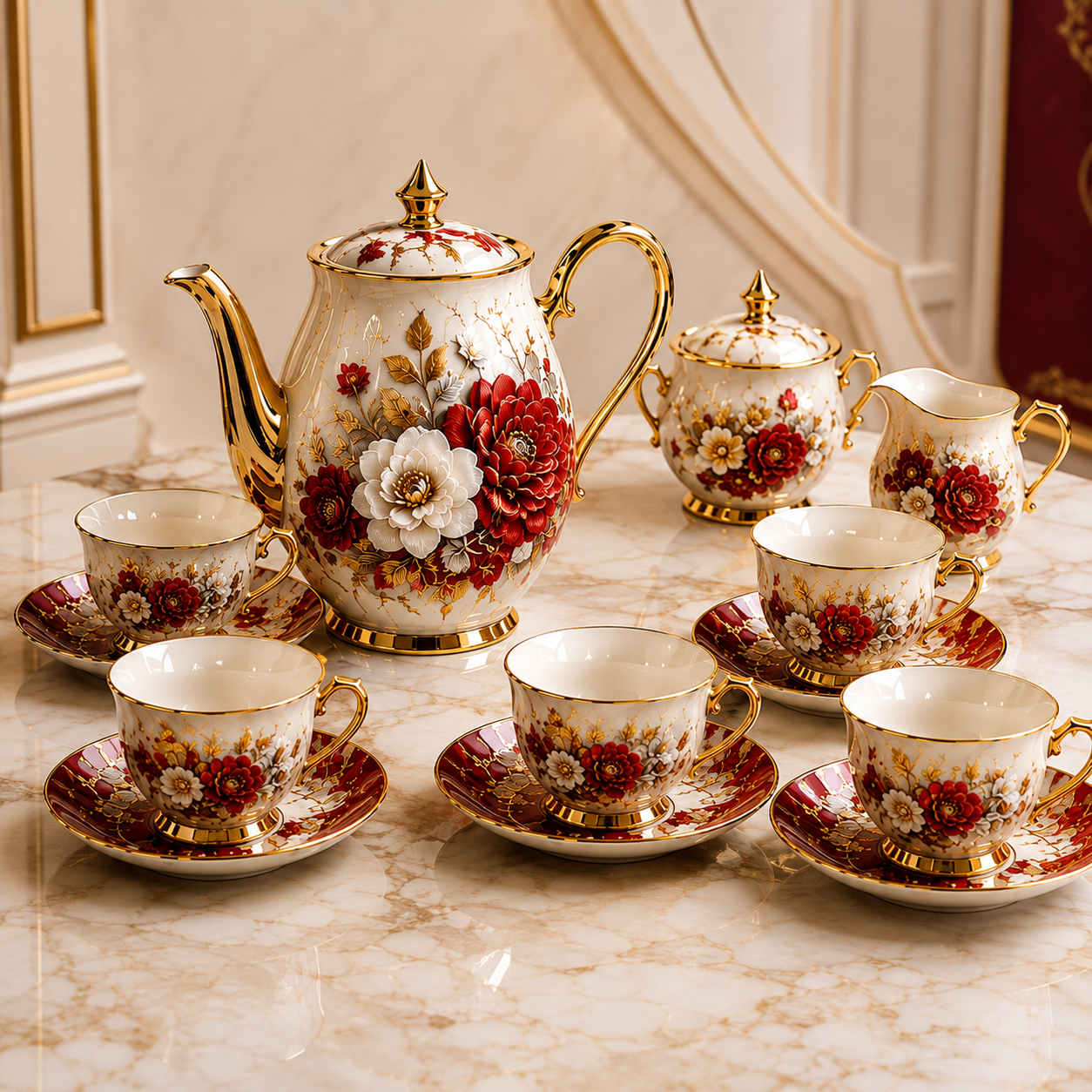 Luxora 15-Piece Premium Floral Porcelain Tea Set – Ivory, Red & Gold - Image 4