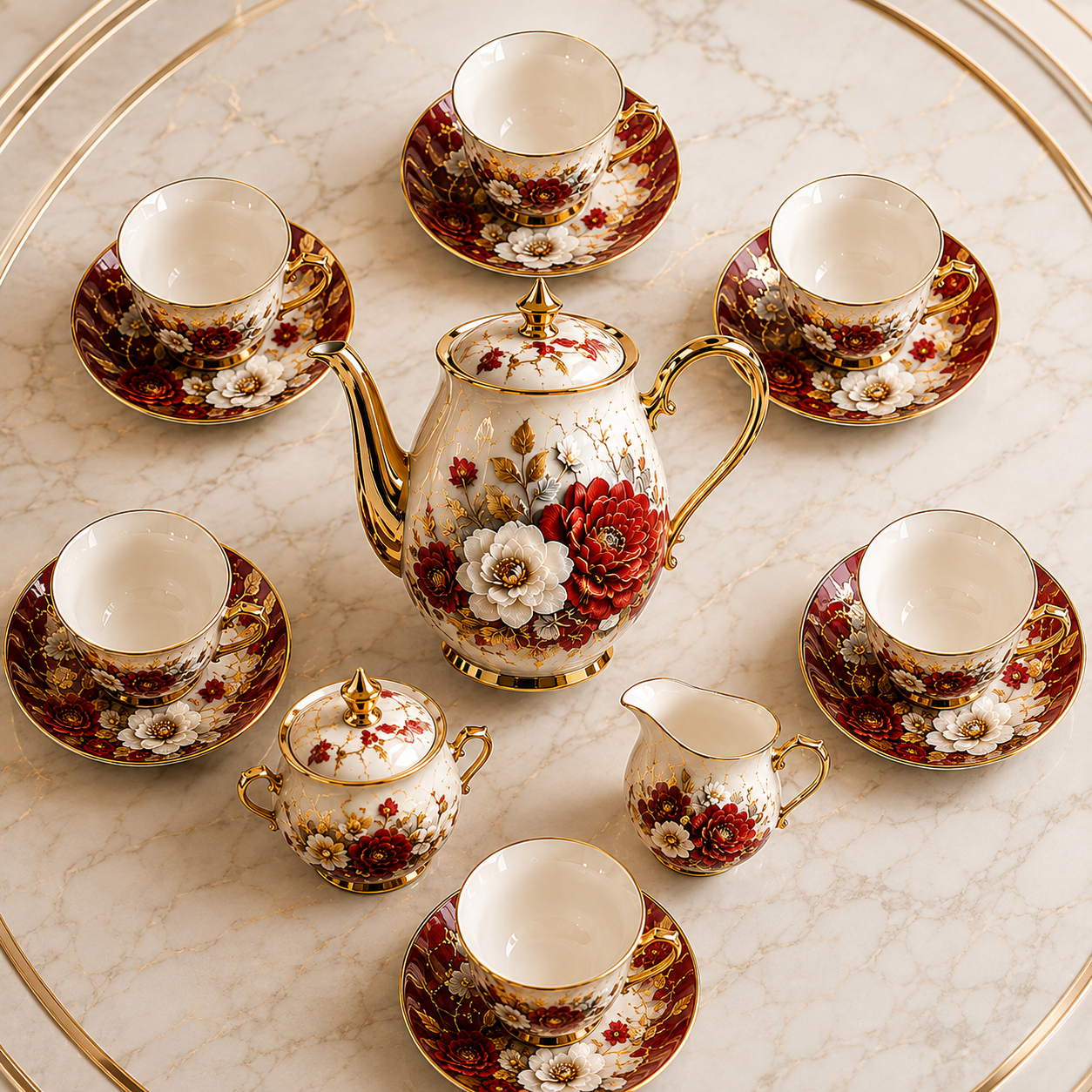 Luxora 15-Piece Premium Floral Porcelain Tea Set – Ivory, Red & Gold - Image 3