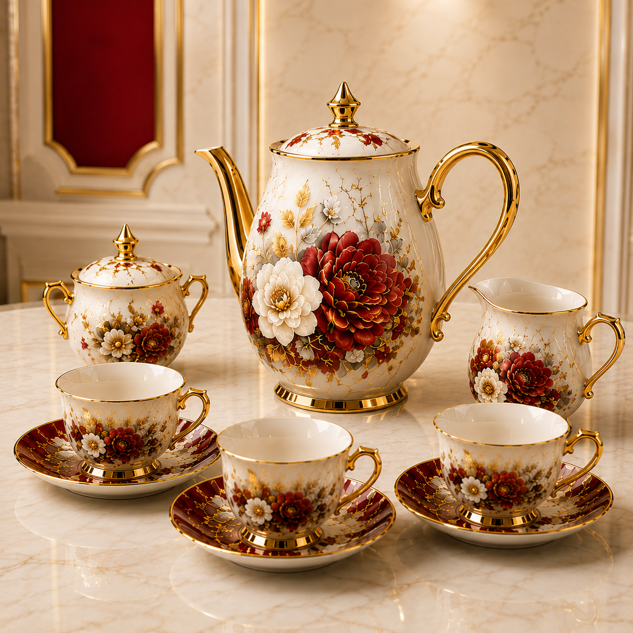 Luxora 15-Piece Premium Floral Porcelain Tea Set – Ivory, Red & Gold - Image 2