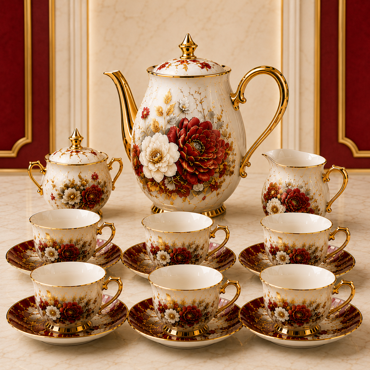 Luxora 15-Piece Premium Floral Porcelain Tea Set – Ivory, Red & Gold